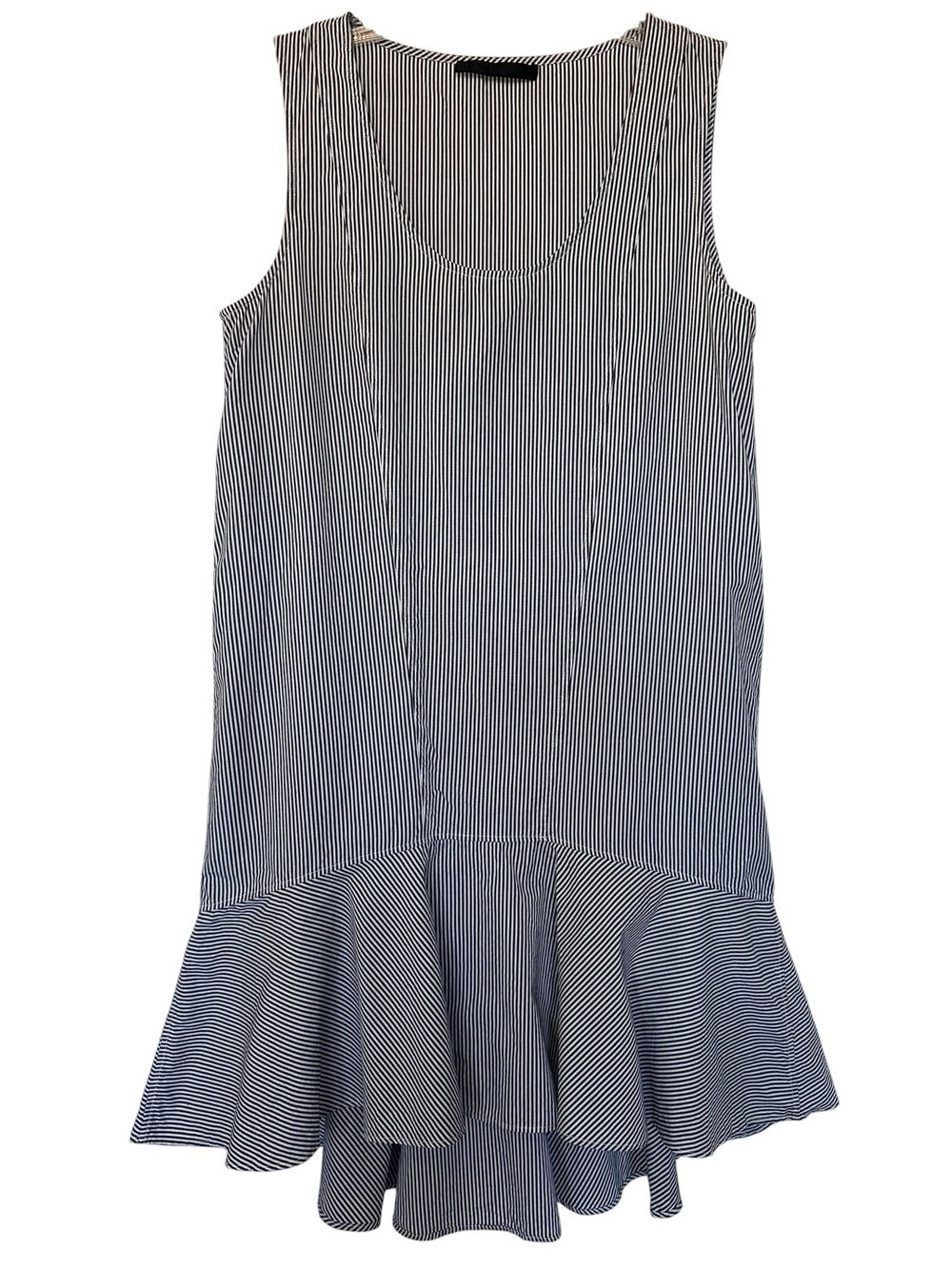 Jenni Kayne Pinstripe Sleeveless Dress Ruffle Flounce Hem Medium